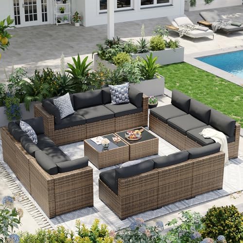 Aoxun Patio Furniture Sets, 14-Piece Outdoor Patio Furniture with 44'' Propane Gas Firepit Table, Wicker Outdoor Conversation Set Sectional Sofa for Backyard, Poolside, Garden by Aoxun