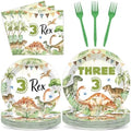 96PCS Dinosaur 3rd Birthday Party Paper Plates and Napkins and Forks Set Watercolor Dino Rex Tableware Set Three Rex Theme Dinnerware Paper Plates for Kids Birthday Gatherings Decorations by Oitnlaughter