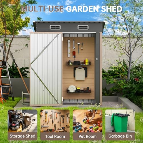 Lockable Metal Garden Shed, Outdoor Metal Storage Sheds Multi-Used, Vertical Outdoor Steel Storage Sheds, Compact Metal Tool Shed with Sloping Roof (Brown) - Image 6