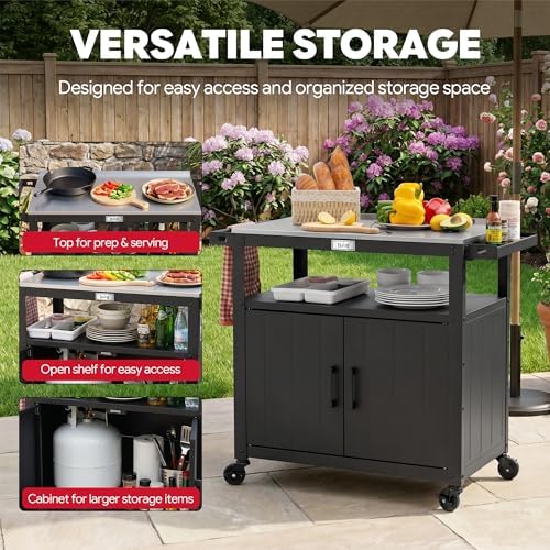 Feasto Outdoor Grill Cart w/Storage Cabinet, Stainless Steel Top, Black - Image 4
