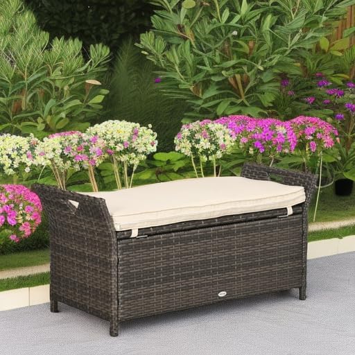 Outsunny 29 Gallon Patio Wicker Storage Bench Outdoor PE Rattan Cream White - Image 6
