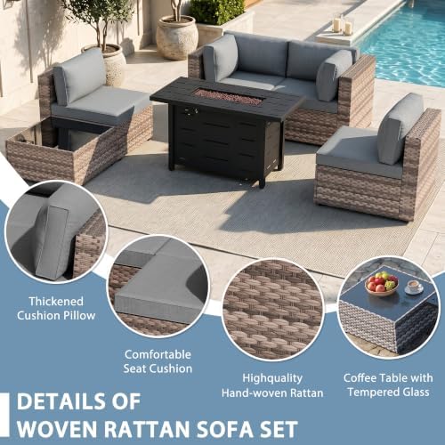 Shintenchi 6 Piece Outdoor Patio Furniture Set with 43 Inch Propane Fire Pit, Washable Cushions, Glass Coffee Table, Waterproof Cover & CSA Certified for Backyard Poolside, Brown PE Rattan/Gray - Image 4