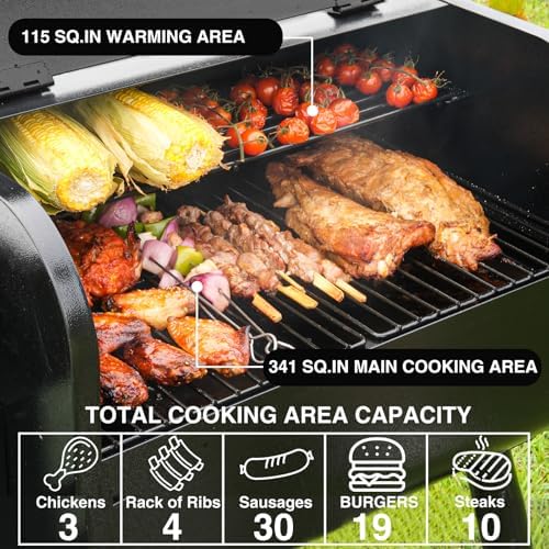 KingChii Electric Wood Pellet Grill & Smoker with Side Shelf, 456 SQ.IN Grill Capacity, 11LB Hopper, with PID Temperature Control (180-425°F) for Backyard Camping Bake and Roast, Black with Cover - Image 5