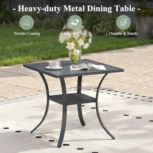 Outdoor Dining Table with Storage Shelf, 27.5" All-Weather Square Patio Dining Table for 2, Metal Patio Table for Garden Lawn Porch Deck Yard, Dark Grey - Image 7
