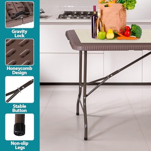 SUPER DEAL 6FT Folding Table for Indoor Outdoor, Portable Heavy Duty Fold-in-Half Plastic Dining Picnic Party Camping Table with Carrying Handle, Brown - Image 6