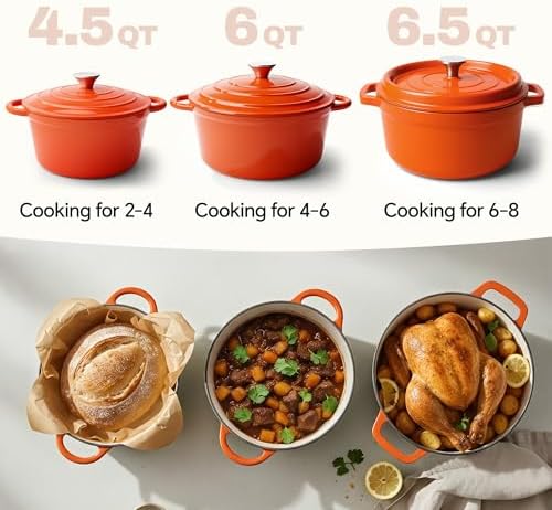 6.5 Quart Dutch Oven Pot with Lid, Non Stick Enameled Cast Iron Dutch Oven for Bread Baking, Heavy-Duty, Oven Safe Ceramic Cookware Up to 500°F for Baking, Braising, Stews, Roasting, Orange - Image 3
