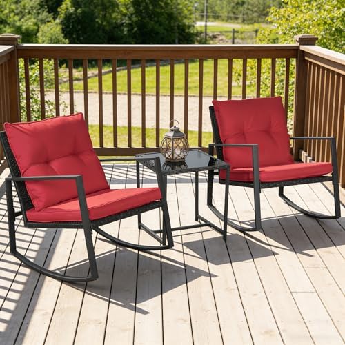 SUNCROWN 3 Piece Outdoor Rocking Bistro Set Black Wicker Furniture Porch Chairs Conversation Sets with Glass Coffee Table, Red - Image 5