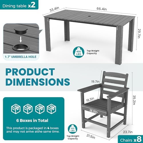 Dining Table Set, 10-Piece HDPE Outdoor Dining Set for 8, Gray - Image 5