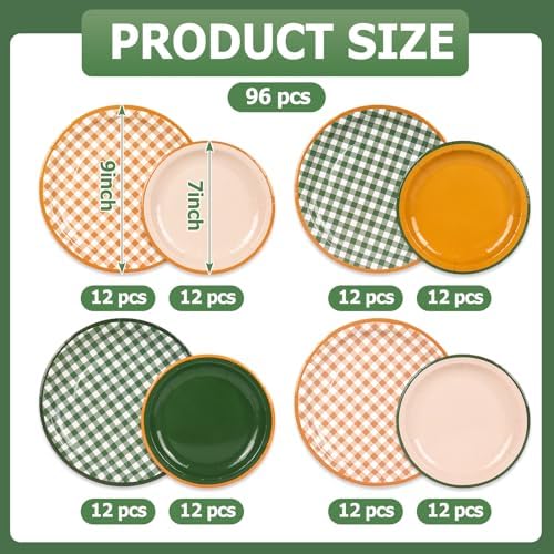 FYSUIMU 96 Pcs Camp Bachelorette Gingham Paper Plates Last Trail Before the Veil Party Decor 7" 9" Disposable Green Orange Checked Dessert Tableware for Summer Fall Wedding Birthday Bridal Shower - Image 2