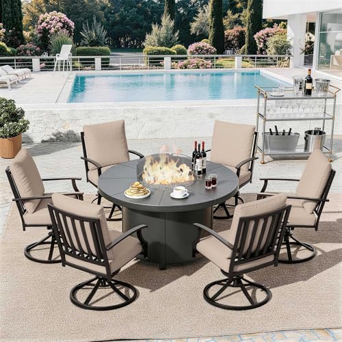 7 Piece Metal Outdoor Patio Furniture Set with 48"/55000 BTU Round Fire Pit Table,Outdoor Dining Table Set 6 Swivel Chairs No-Slip Cushions and Waterproof Covers,Sand by TrumbeakFurniture