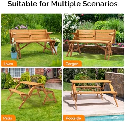 VINGLI 2-in-1 Outdoor Wooden Picnic Table and Bench Set with Umbrella Hole – Convertible Design for Garden, Patio, Porch, Deck – Natural Wood - Image 7