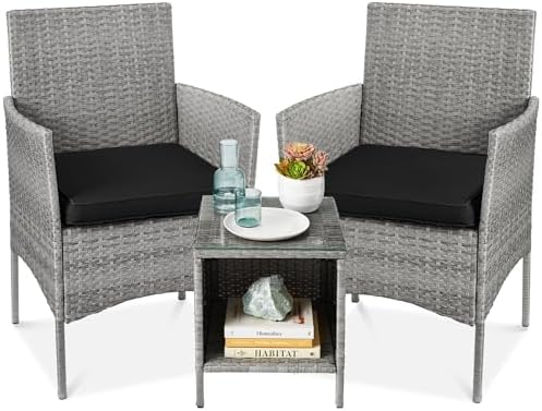 Best Choice Products 3-Piece Outdoor Wicker Conversation Bistro Set, Space Saving Patio Furniture for Garden w/Side Table - Gray/Black by BestChoiceProducts