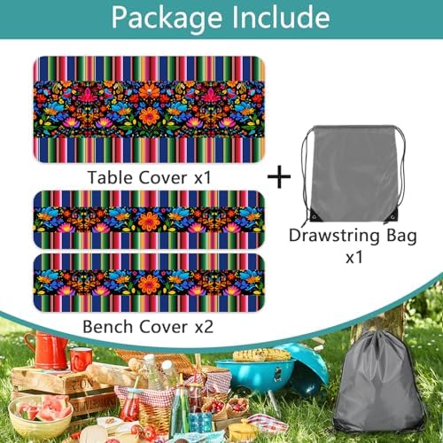 Mexico Picnic Table Cover with Bench Covers and Bag, Camping Essentials, Cinco De Mayo Fiesta Stripes Fitted Table Cover, 6ft Outdoor Tablecloth Waterproof Windproof with Elastic Edge 3 PCS 30x72 Inch - Image 7