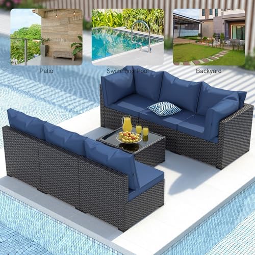 Patio Furniture Set, 7PCS Outdoor Sectional PE Rattan Patio Conversation Set w/Thickened Cushion Modular Wicker Patio Sofa Set w/Coffee Table for Balcony, Backyard(Blue) - Image 7