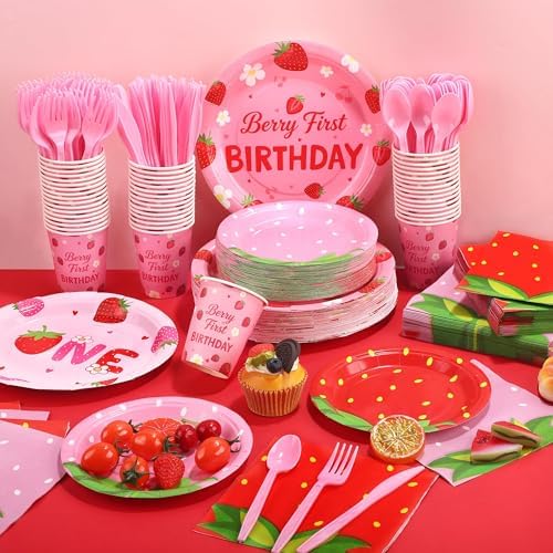 Kochorie 400 Pieces Strawberry Disposable Tableware Sets, Summer Fruit Party Supplies with Strawberry Birthday Party Plates Cups Napkins Cutlery Serves 50 for Berry First Birthday Decorations - Image 4