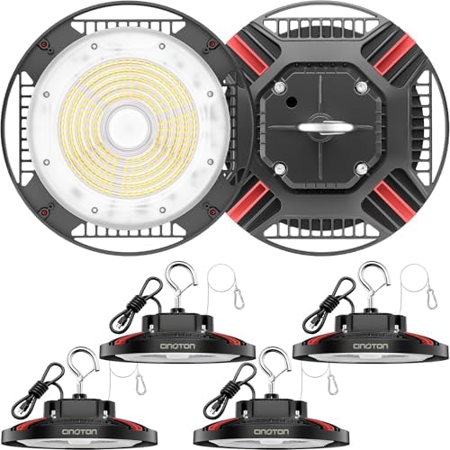 CINOTON 100W UFO LED High Bay Light, Aluminum LED Shop Lights with 15000LM, 5000K Commercial Bay Lighting for Warehouse Garage Workshop Factory Hall, 6' Cable & Safety Rope, ETL Listed 4 Pack by CINOTON