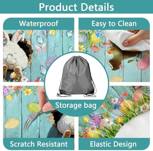 Easter Picnic Table Cover with Bench Covers, Cute Bunny Flower Blue Wooden Board Camping Tablecloth, Waterproof Windproof, Fitted Tablecloth Cover with Elastic Edge, for Outdoor, 3 PCS, 30x72 Inch - Image 4
