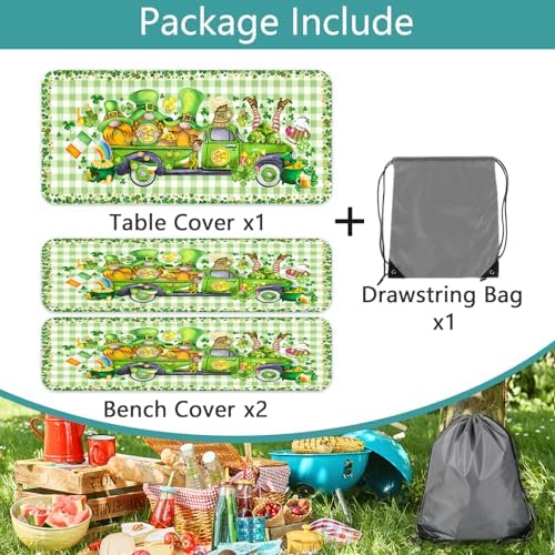 St. Patrick's Day Picnic Table Cover with Bench Covers, Camping Essentials, Plaid Truck Gnomes Clover Outdoor Table Covers, Waterproof, Fitted Tablecloth Cover with Elastic Edge, 3 PCS, 30x96 Inch - Image 6