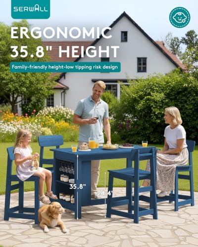 SERWALL Outdoor HDPE Counter-Height Bar Table with Storage Rack, Blue - Image 3