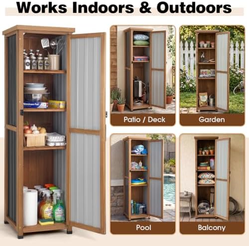 62" H Tall Narrow Outdoor Storage Cabinet with Metal Top, Outdoor Shed Storage Unit Waterproof with Adjustable Shelves for Garden, Patio, Living Room, or Entryway Storage, Black - Image 5