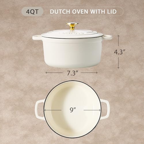 CAROTE Enameled Cast Iron Dutch Oven Pot with Lid, 4 QT Dutch Ovens, Heavy-Duty Cast Iron Pot for Sourdough Bread Baking, Braising, Stews, Roasting, Healthy & Non-Toxic, Dual Handles, All Stovetop Compatible, Oven Safe up to 500° F, Cream White - Image 2