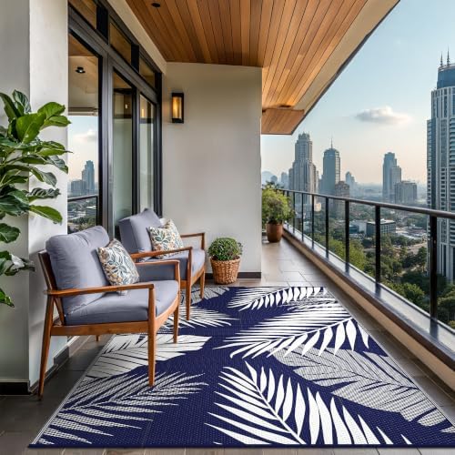 GENIMO Outdoor Rug, Waterproof Plastic Rugs for Patio, 9'x12' Blue White - Image 4