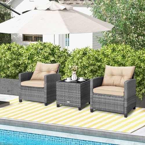 Tangkula 3 Pieces Wicker Patio Furniture Set, Outdoor Rattan Conversation Cushioned Chair Set with Tempered Glass Side Table, for Porch, Balcony and Garden - Image 3