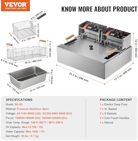 VEVOR Commercial Deep Fryer, 3000W Electric Turkey Fryer with 3 Removable Baskets, Large Capacity 18Qt / 17L Stainless Steel Countertop Single Oil Fryer, for Kitchen Restaurant Use, Silver - Image 7
