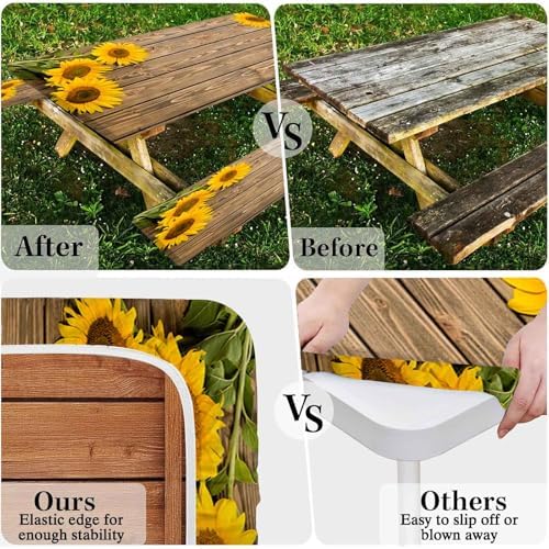 CAPSCEOLL Picnic Table Cover with Bench Covers 6ft - Wooden Sunflowers - Image 6