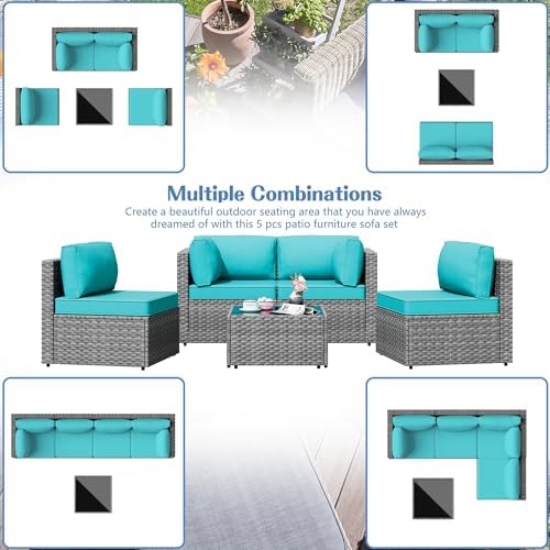 Shintenchi 5 Piece Outdoor Patio Furniture Set with Silver Rattan, Blue - Image 6