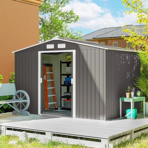 Outsunny 9' x 6' Outdoor Storage Shed Garden Tool Metal Shed Light Gray by Outsunny