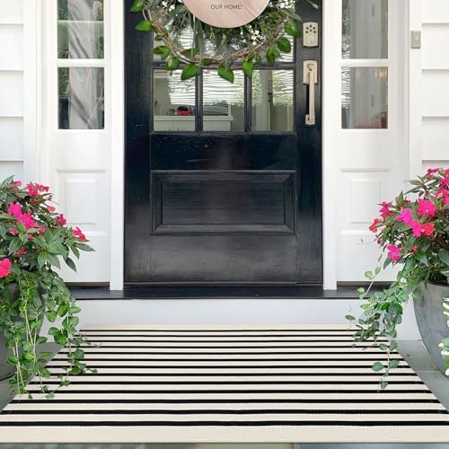 IOHOUZE 2.3x3.6 Striped Outdoor Door Mat, Washable Porch Rug, Black Beige by iOhouze