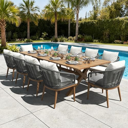 LayinSun 11 Pieces Outdoor Patio Dining Set, Aluminium Rectangular Dining Table and Wicker Rattan Chairs Set for Outside Backyard, Poolside by LayinSun