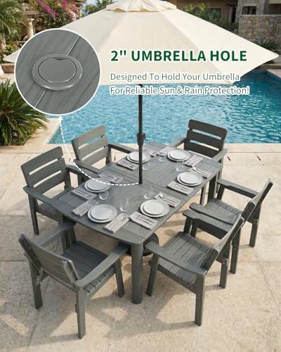 7-Piece Outdoor Dining Set, All-Weather HIPS Patio Table & Chairs for 6, Outdoor Furniture with Umbrella Hole, Ideal for Garden, Poolside, Backyard, Deck, Dark Gray - Image 3