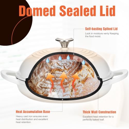 Enameled Round Cast Iron Bread Oven, 6 Qt Cast Iron Dutch Oven for Homemade Sourdough Bread Baking, Bread Pot with Dome Lid (White) - Image 6