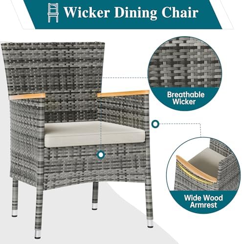Shintenchi 5 Piece Patio Dining Set, Wicker Patio Conversation Set with Wooden Table Top, Outdoor Table and Chairs with Soft Cushions for Backyard, Deck and Garden, Grey Wicker - Image 5