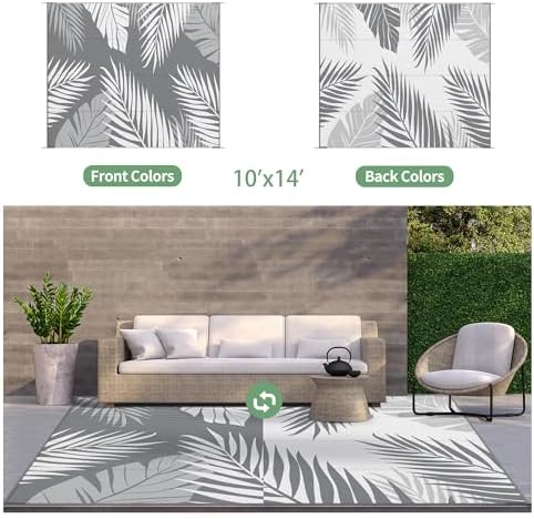GENIMO Outdoor Rug, Waterproof Plastic Rugs 10'x14' for Camping Grey White - Image 2