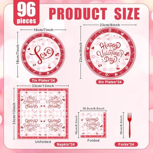 96 Pieces Valentine’s Day Tableware Set – Love Heart Design Disposable Plates, Napkins, and Forks for Valentine’s Party, Dinner, Wedding, or Classroom Event, Serves 24 Guests - Image 2