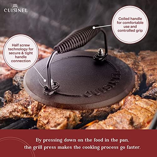 Cuisinel Cast Iron Skillet + Grill Press + Scraper Set - 10"-inch Pre-Seasoned Frying Pan + Silicone Handle Grip - 7" Round Burger Smasher - Indoor/Outdoor, Grill, Kitchen Cookware. PFAS and PFOA-free - Image 6
