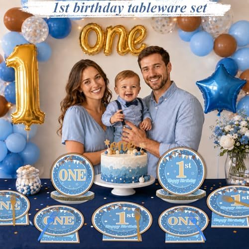 96PCS Baby Boy First Birthday Party Paper Plates and Napkins Blue and Brown 1st Birthday Disposable Plates 1st Blue Dinnerware Set for Boys One Year Old Baby Shower Birthday Gatherings Decorations - Image 6
