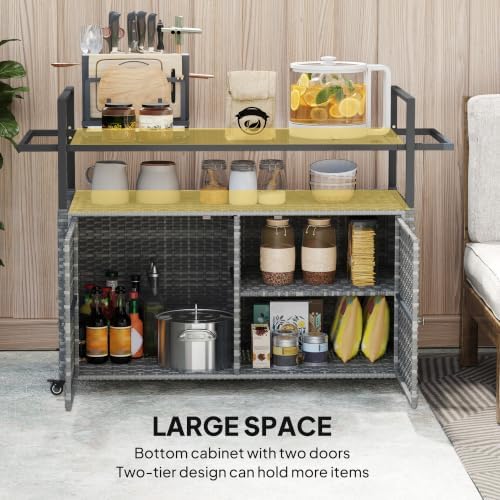 Outsunny PE Rattan Outdoor Storage Cabinet Bar Cart, Wheels, Mixed Gray - Image 5
