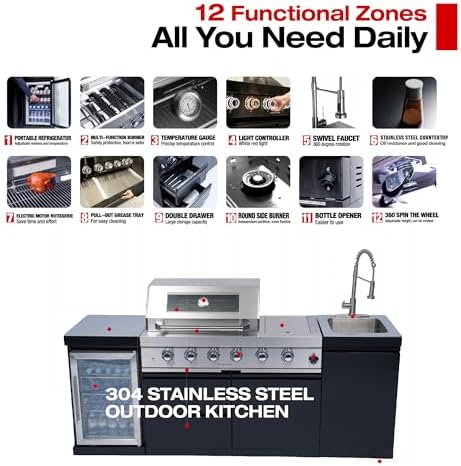 85-Inch 4-Burner Natural Gas Outdoor Kitchen Grill Island - 72000 BTU Stainless Steel BBQ, Refrigerator, Rotisserie, Stainless Countertops, Soft-Close Storage, For Patio, Lawn, Backyard, Black - Image 3