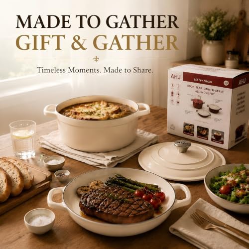 AHJ Enameled Cast Iron Dutch Oven Set - 4 Piece Cookware Set with Lids - Image 4