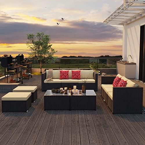 Aiho Patio Furniture Set All Weather Outdoor Sectional Patio Sofa Set with Tempered Coffee Table, for Backyard Porch, Beige - Image 4