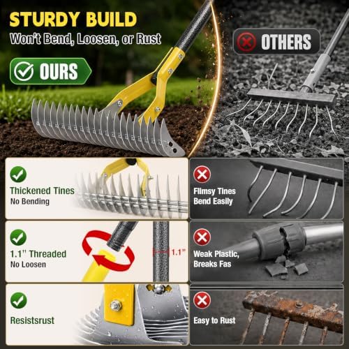 Thatch Rakes , 15-Inch Wide Thatching Rake for Cleaning Dead Grass, 70-Inch Efficient Steel Dethatcher Rake with Adjustable Metal Handle, Thatch Rakes for Lawns, Garden, Yard - Image 7