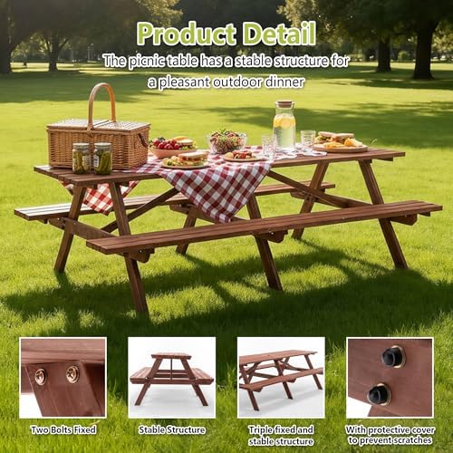 94.5" Picnic Table with Bench for 12 Person Extra Large Rectangle Outdoor Wooden Outdoor Picnic Tables for Patio Garden Backyard Large Outside Dining Table Set with Umbrella Hole - Image 4