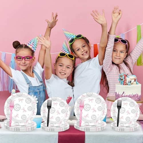 96PCS Volleyball and Bow Party Paper Plates and Napkins for Sports Themed Party Dessert Cake Plates Disposable Decor Pink Bow Volleyball Parties Set for Boys Girls Birthday Gatherings Decorations - Image 6