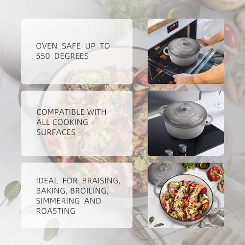 3 Quart Dutch Oven Enameled Cast Iron with Lid - Big Dual Handles - Oven Safe up to 500°F - Classic Round Pot for Versatile Cooking Light Gray - Image 4