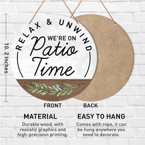 Muktoujaumai Patio Sign Decor, Patio Round Hanging Sign Decor Farmhouse Wall Decorations Outdoor Living Wood Sign for Porch, Deck, Backyard, Housewarming Gift for New House Home, We're Patio Time - Image 2