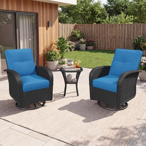 Aoxun 3 Piece Outdoor Patio Furniture Set with Side Table, Outdoor Patio Furniture Sets with High Back Swivel Rocker Chairs, Outdoor Sofa Set with Ottoman for Backyard & Garden, Peacock Blue by Aoxun